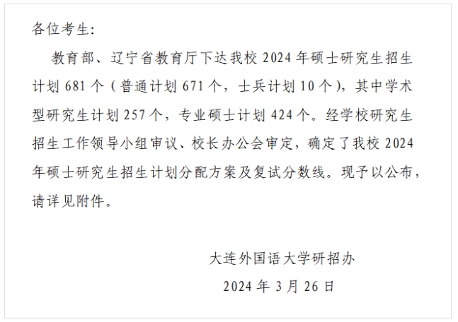 大连外国语大学2024年硕士研究生招生计划、复试分数线