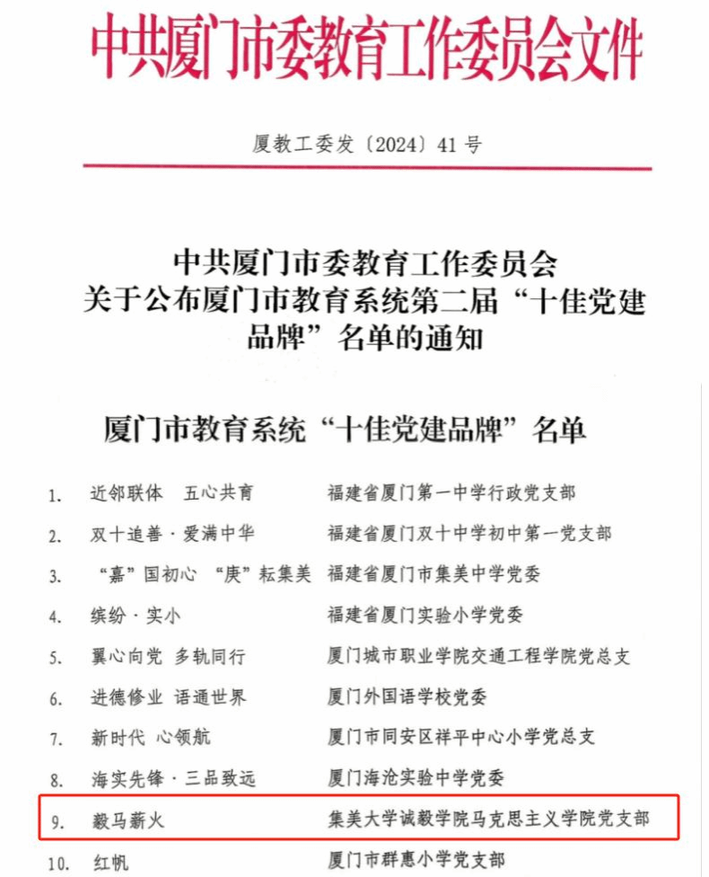 集美大学诚毅学院“毅马薪火”党建品牌获评厦门市教育系统“十佳党建品牌”